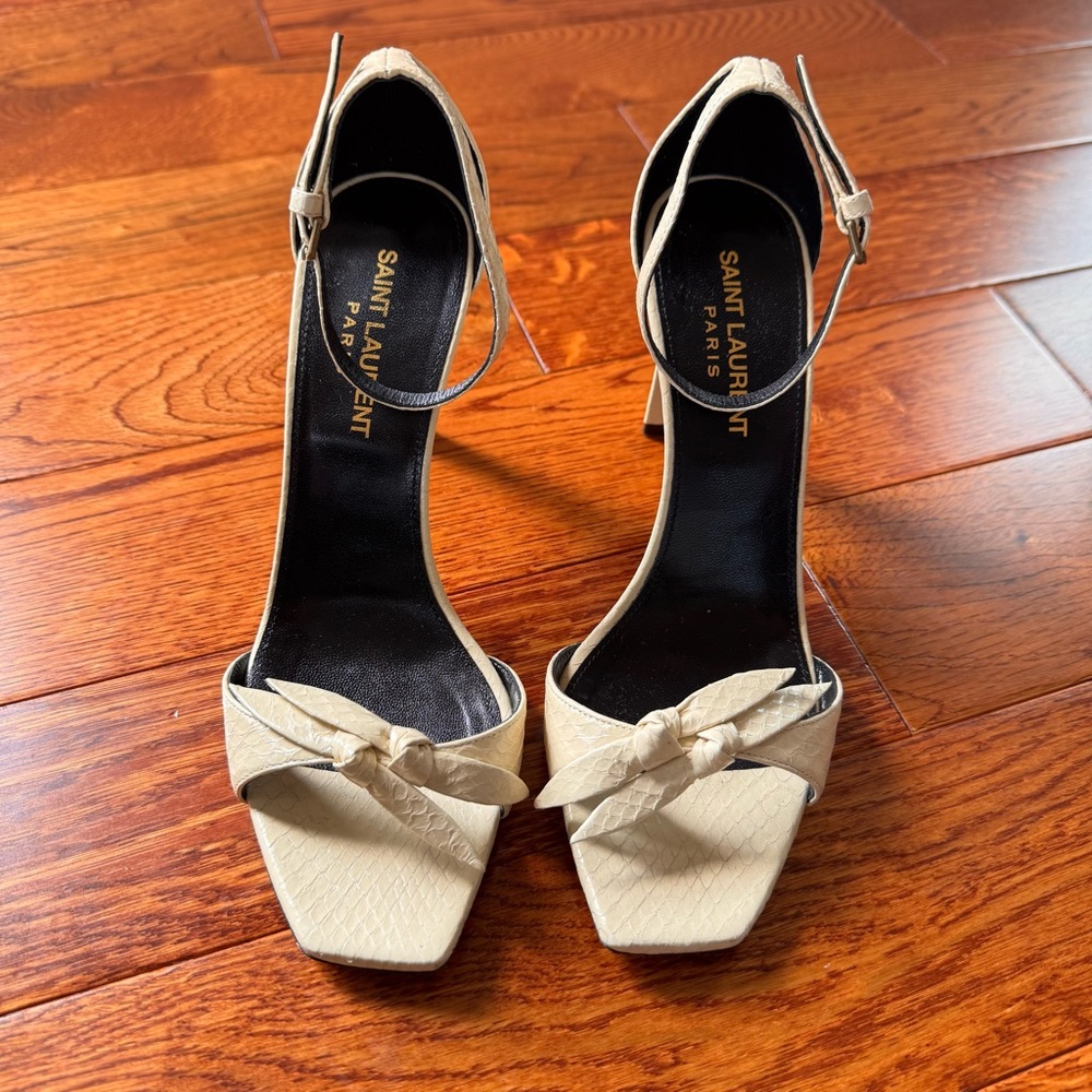Saint Laurent Cream Snaked Embossed Bea Heels